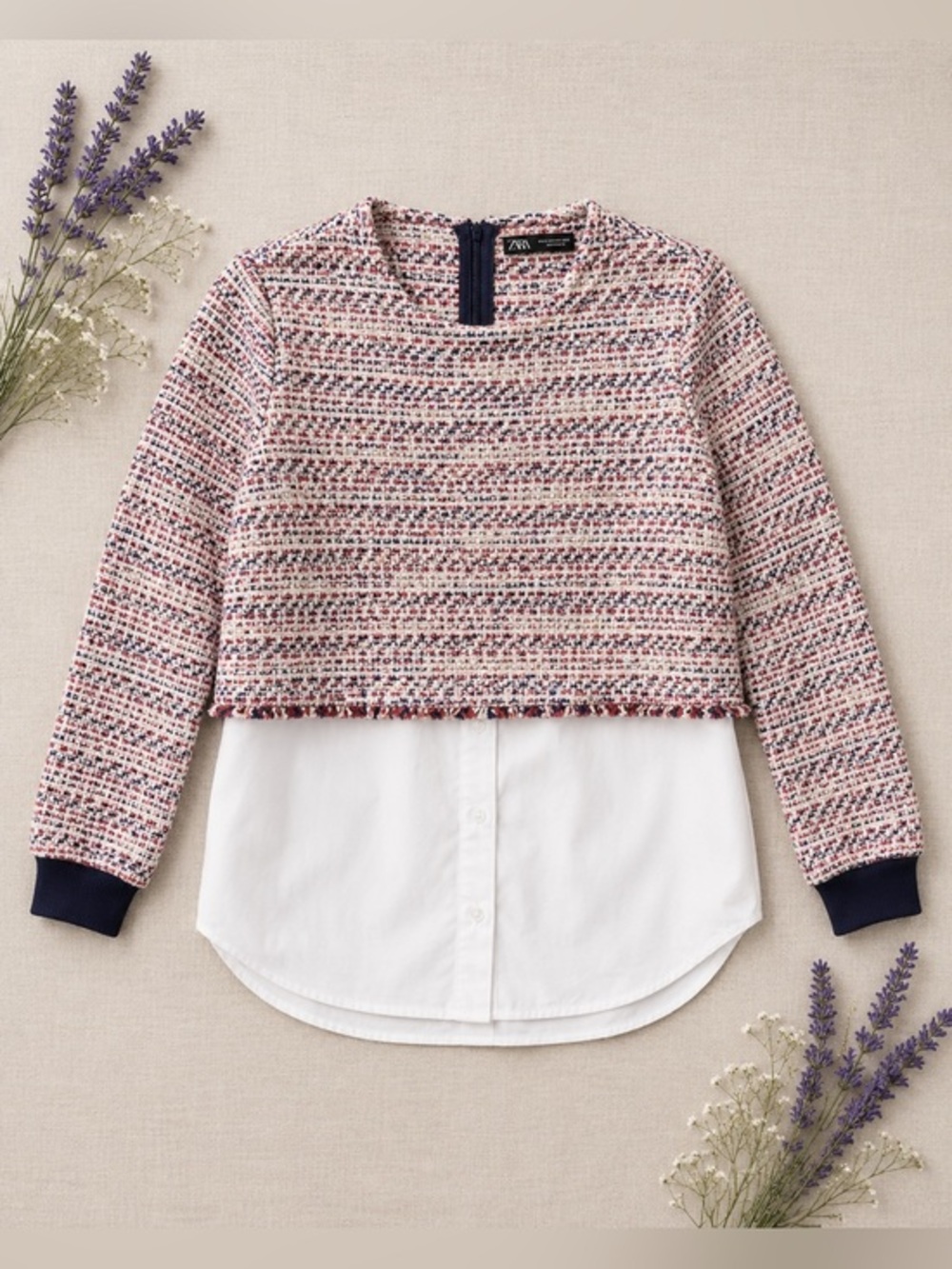 Zara Trafaluc Multicolor Tweed Layered-Look Sweatshirt with White Shirt Hem